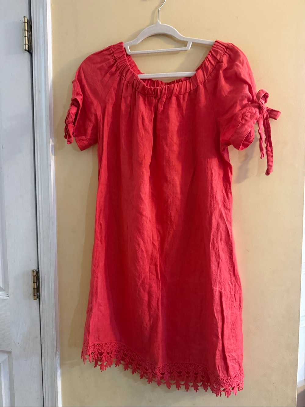 Lungo L’arbno made in Italy Tie-Sleeve 100% Linen Dress with Lace Hem, small